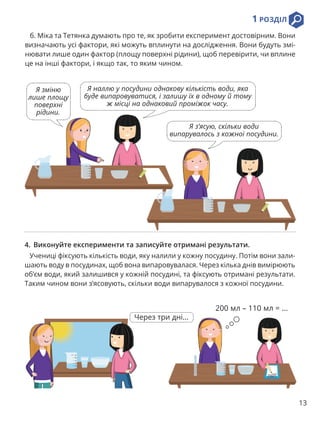 1 РОЗДІЛ
13
4. Виконуйте експерименти та записуйте отримані результати.
Учениці фіксують кількість води, яку налили у кожну посудину. Потім вони зали-
шають воду в посудинах, щоб вона випаровувалася. Через кілька днів вимірюють
об’єм води, який залишився у кожній посудині, та фіксують отримані результати.
Таким чином вони з’ясовують, скільки води випарувалося з кожної посудини.
Через три дні...
200 мл – 110 мл = ...
б. Міка та Тетянка думають про те, як зробити експеримент достовірним. Вони
визначають усі фактори, які можуть вплинути на дослідження. Вони будуть змі-
нювати лише один фактор (площу поверхні рідини), щоб перевірити, чи вплине
це на інші фактори, і якщо так, то яким чином.
Я з’ясую, скільки води
випарувалось з кожної посудини.
Я зміню
лише площу
поверхні
рідини.
Я наллю у посудини однакову кількість води, яка
буде випаровуватися, і залишу їх в одному й тому
ж місці на однаковий проміжок часу.
 