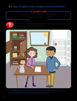 28
3.2 Що потрібно для проростання насіння?
1. Поміркуйте, що саме потрібно для того, щоб насіння проросло?
2. Чи потрібне світло для проростання насіння?
Насіння може проростати лише в певних умовах. Якщо належних
умов не буде – насінина не проросте.
зразок спляче насіння стан спокою
контрольний зразок умови
Ключові слова
 
