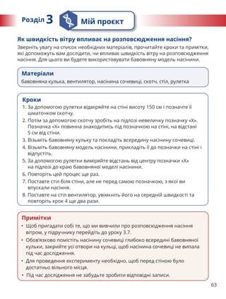 63
Матеріали
бавовняна кулька, вентилятор, насінина сочевиці, скотч, стіл, рулетка
Як швидкість вітру впливає на розповсюдження насіння?
Зверніть увагу на список необхідних матеріалів, прочитайте кроки та примітки,
які допоможуть вам дослідити, чи впливає швидкість вітру на розповсюдження
насіння. Для цього ви будете використовувати бавовняну модель насінини.
Кроки
1. 
За допомогою рулетки відміряйте на стіні висоту 150 см і позначте її
шматочком скотчу.
2. 
Потім за допомогою скотчу зробіть на підлозі невеличку позначку «Х».
Позначка «Х» повинна знаходитись під позначкою на стіні, на відстані
5 см від стіни.
3. Візьміть бавовняну кульку та покладіть всередину насінину сочевиці.
4. 
Візьміть бавовняну модель насінини, прикладіть її до позначки на стіні і
відпустіть.
5. 
За допомогою рулетки виміряйте відстань від центру позначки «Х»
на підлозі до краю бавовняної моделі насінини.
6. Повторіть цей процес ще раз.
7. 
Поставте стіл біля стіни, але не перед самою позначкою, з якої ви
впускали насіння.
8. 
Поставте на стіл вентилятор, увімкніть його на середній швидкості та
повторіть крок 4 ще два рази.
Розділ 3 Мій проєкт
Примітки
• Щоб пригадати собі те, що ми вивчили про розповсюдження насіння
вітром, у підручнику перейдіть до уроку 3.7.
• Обов’язково помістіть насінину сочевиці глибоко всередині бавовняної
кульки, закрийте усі отвори на кульці, щоб насінина сочевиці не випала
під час дослідження.
• Для проведення експерименту необхідно, щоб перед стіною було
достатньо вільного місця.
• Під час дослідження не забудьте зробити відповідні записи.
 