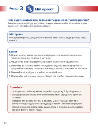 64
Матеріали
кольорові маркери, аркуш білого паперу, квіти різних видів рослин, клей,
ножиці
Чим відрізняються між собою квіти різних квіткових рослин?
Використавши необхідні матеріали, покроково виконайте дії, щоб дослідити
відмінності у будові квіток різних рослин.
Кроки
1. 
Візьміть квітку якоїсь рослини та відокремте за допомогою ножиць
чашечку, віночок, тичинки й маточку.
2. Чашечку та віночок розділіть на окремі пелюстки й чашолистки.
3. 
Наклейте всі частини квітки послідовно, рядами, одна над одною на
аркуш білого паперу та підпишіть назву рослини, квітку якої ви наклеїли.
4. Виконайте ці ж дії для усіх квітів, які ви відібрали.
5. Порівняйте квіти різних рослин. З’ясуйте їх подібні та відмінні ознаки.
Примітки
• Щоб пригадати будову квітки, перейдіть до уроку 3.3 у підручнику.
• Для цієї роботи бажано використовувати квіти середніх та крупних
розмірів.
• Матеріал для роботи потрібно збирати у різні періоди року або
використовувати доступні квіти декоративних та кімнатних рослин.
• Можна використовувати квіти вишні, яблуні, тюльпана, лілії, квасолі,
орхідей, фіалок, азалій тощо.
Розділ 3 Мій проєкт
 