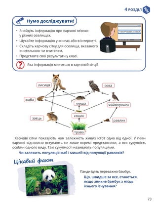 4 РОЗДІЛ
73
Харчові сітки показують нам залежність живих істот одна від одної. У певні
харчові відносини вступають не лише окремі представники, а вся сукупність
особин одного виду. Такі сукупності називають популяціями.
Чи залежить популяція жаб і мишей від популяції равликів?
заєць
трава
равлик
сова
лисиця
жаба
миша жайворонок
коник
Яка інформація міститься в харчовій сітці?
• Знайдіть інформацію про харчові зв’язки
у різних оселищах.
• Шукайте інформацію у книгах або в Інтернеті.
• Складіть харчову сітку для оселища, вказаного
вчителькою чи вчителем.
• Представте свої результати у класі.
Цікавий факт
Панди їдять переважно бамбук.
Що, швидше за все, станеться,
якщо зникне бамбук з місць
їхнього існування?
Нумо досліджувати!
 