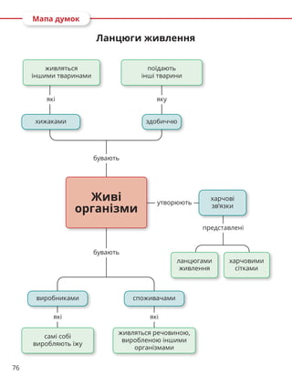 76
Мапа думок
Ланцюги живлення
які яку
утворюють
виробниками споживачами
харчові
зв’язки
Живі
організми
представлені
ланцюгами
живлення
харчовими
сітками
хижаками здобиччю
бувають
бувають
самі собі
виробляють їжу
живляться речовиною,
виробленою іншими
організмами
які які
живляться
іншими тваринами
поїдають
інші тварини
 