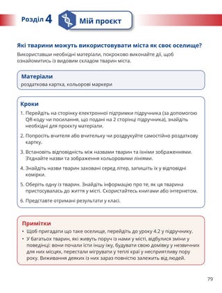 79
Матеріали
роздаткова картка, кольорові маркери
Які тварини можуть використовувати міста як своє оселище?
Використавши необхідні матеріали, покроково виконайте дії, щоб
ознайомитись із видовим складом тварин міста.
Примітки
• Щоб пригадати що таке оселище, перейдіть до уроку 4.2 у підручнику.
• У багатьох тварин, які живуть поруч із нами у місті, відбулися зміни у
поведінці: вони почали їсти іншу іжу, будувати свою домівку у незвичних
для них місцях, перестали мігрувати у теплі краї у несприятливу пору
року. Виживання деяких із них зараз повністю залежить від людей.
Розділ 4 Мій проєкт
Кроки
1. 
Перейдіть на сторінку електронної підтримки підручника (за допомогою
QR-коду чи посилання, що подані на 2 сторінці підручника), знайдіть
необхідні для проєкту матеріали.
2. 
Попросіть вчителя або вчительку чи роздрукуйте самостійно роздаткову
картку.
3. 
Встановіть відповідність між назвами тварин та їхніми зображеннями.
З’єднайте назви та зображення кольоровими лініями.
4. 
Знайдіть назви тварин заховані серед літер, запишіть їх у відповідні
комірки.
5. 
Оберіть одну із тварин. Знайдіть інформацію про те, як ця тварина
пристосувалась до життя у місті. Скористайтесь книгами або інтернетом.
6. Представте отримані результати у класі.
 