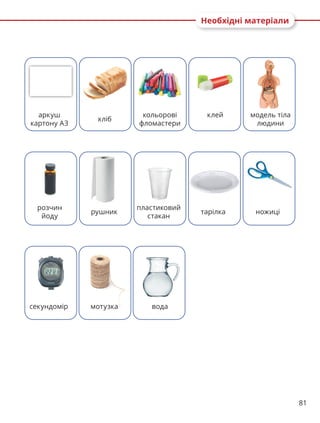 81
аркуш
картону А3
хліб
кольорові
фломастери
клей модель тіла
людини
секундомір мотузка вода
Необхідні матеріали
розчин
йоду
рушник
пластиковий
стакан
тарілка ножиці
 