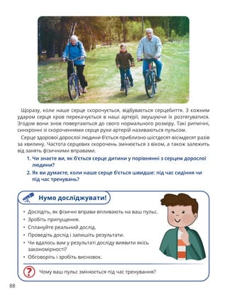 88
Щоразу, коли наше серце скорочується, відбувається серцебиття. З кожним
ударом серця кров перекачується в наші артерії, змушуючи їх розтягуватися.
Згодом вони знов повертаються до свого нормального розміру. Такі ритмічні,
синхронні зі скороченнями серця рухи артерій називаються пульсом.
Серце здорової дорослої людини б’ється приблизно шістдесят-вісімдесят разів
за хвилину. Частота серцевих скорочень змінюється з віком, а також залежить
від занять фізичними вправами.
1. 
Чи знаєте ви, як б’ється серце дитини у порівнянні з серцем дорослої
людини?
2. 
Як ви думаєте, коли наше серце б’ється швидше: під час сидіння чи
під час тренувань?
Чому ваш пульс змінюється під час тренування?
• Дослідіть, як фізичні вправи впливають на ваш пульс.
• Зробіть припущення.
• Сплануйте реальний дослід.
• Проведіть дослід і запишіть результати.
• Чи вдалось вам у результаті досліду виявити якісь
закономірності?
• Обговоріть і зробіть висновок.
Нумо досліджувати!
 