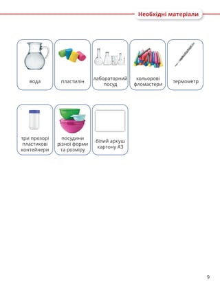 9
Необхідні матеріали
вода пластилін
лабораторний
посуд
кольорові
фломастери
термометр
три прозорі
пластикові
контейнери
посудини
різної форми
та розміру
білий аркуш
картону А3
 