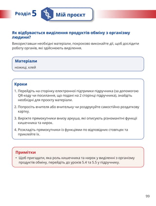 99
Як відбувається виділення продуктів обміну з організму
людини?
Використавши необхідні матеріали, покроково виконайте дії, щоб дослідити
роботу органів, які здійснюють виділення.
Матеріали
ножиці, клей
Кроки
1. 
Перейдіть на сторінку електронної підтримки підручника (за допомогою
QR-коду чи посилання, що подані на 2 сторінці підручника), знайдіть
необхідні для проєкту матеріали.
2. 
Попросіть вчителя або вчительку чи роздрукуйте самостійно роздаткову
картку.
3. 
Виріжте прямокутники внизу аркуша, які описують різноманітні функції
кишечника та нирок.
4. 
Розкладіть прямокутники із функціями по відповідних стовпцях та
приклейте їх.
Примітки
• Щоб пригадати, яка роль кишечника та нирок у виділенні з організму
продуктів обміну, перейдіть до уроків 5.4 та 5.5 у підручнику.
Розділ 5 Мій проєкт
 