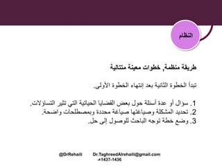 ‫منظمة‬ ‫طريقة‬,‫متتالية‬ ‫معينة‬ ‫خطوات‬
‫بعد‬ ‫الثانية‬ ‫الخطوة‬ ‫تبدأ‬‫إنتهاء‬‫األولى‬ ‫الخطوة‬.
1.‫ا‬ ‫تثير‬ ‫التي‬ ‫الحياتية‬ ‫القضايا‬ ‫بعض‬ ‫حول‬ ‫أسئلة‬ ‫عدة‬ ‫أو‬ ‫سؤال‬‫لتساؤالت‬.
2.‫واضحة‬ ‫وبمصطلحات‬ ‫محددة‬ ‫صياغة‬ ‫وصياغتها‬ ‫المشكلة‬ ‫تحديد‬.
3.‫حل‬ ‫إلى‬ ‫للوصول‬ ‫الباحث‬ ‫توجه‬ ‫خطة‬ ‫وضع‬.
‫النظام‬
@DrRehaili Dr.TaghreedAlrehaili@gmail.com
1436-1437‫هـ‬
 