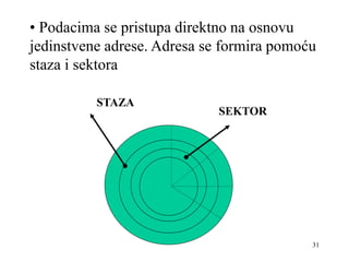 31
• Podacima se pristupa direktno na osnovu
jedinstvene adrese. Adresa se formira pomoću
staza i sektora
SEKTOR
STAZA
 