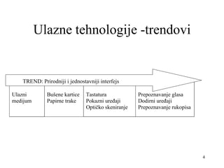 4
Ulazne tehnologije -trendovi
Ulazni
medijum
Bušene kartice
Papirne trake
Tastatura
Pokazni uređaji
Optičko skeniranje
Prepoznavanje glasa
Dodirni uređaji
Prepoznavanje rukopisa
TREND: Prirodniji i jednostavniji interfejs
 