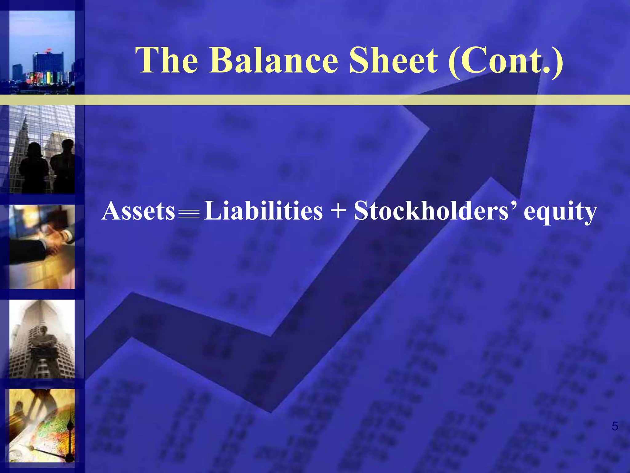 5
The Balance Sheet (Cont.)
Assets Liabilities + Stockholders’ equity
 