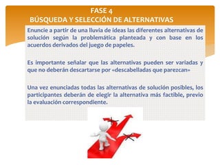 FASE 4
BÚSQUEDA Y SELECCIÓN DE ALTERNATIVAS
Enuncie a partir de una lluvia de ideas las diferentes alternativas de
solución según la problemática planteada y con base en los
acuerdos derivados del juego de papeles.
Es importante señalar que las alternativas pueden ser variadas y
que no deberán descartarse por «descabelladas que parezcan»
Una vez enunciadas todas las alternativas de solución posibles, los
participantes deberán de elegir la alternativa más factible, previo
la evaluación correspondiente.
 