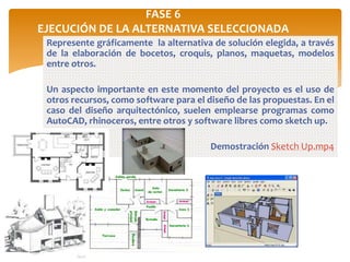FASE 6
EJECUCIÓN DE LA ALTERNATIVA SELECCIONADA
Represente gráficamente la alternativa de solución elegida, a través
de la elaboración de bocetos, croquis, planos, maquetas, modelos
entre otros.
Un aspecto importante en este momento del proyecto es el uso de
otros recursos, como software para el diseño de las propuestas. En el
caso del diseño arquitectónico, suelen emplearse programas como
AutoCAD, rhinoceros, entre otros y software libres como sketch up.
Demostración Sketch Up.mp4
 