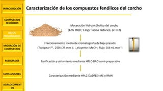 Caracterización de los compuestos fenólicos del corchoINTRODUCCIÓN
COMPUESTOS
FENÓLICOS
DATOS
PRELIMINARES
MIGRACIÓN DE
COMPUESTOS
AGRADECIMENT
OS
RESULTADOS
CONCLUSIONES
Fraccionamiento mediante cromatografía de baja presión
(Toyopearl ®, 250 x 25 mm d. i.,eluyente: MeOH; flujo: 0.8 mL.min-1)
Maceración hidroalcóholica del corcho
(12% EtOH; 5.0 gL-1 ácido tartarico; pH 3.2)
Purificación y aislamiento mediante HPLC-DAD semi-preparativa
Caracterización mediante HPLC-DAD/ESI-MS y RMN
 