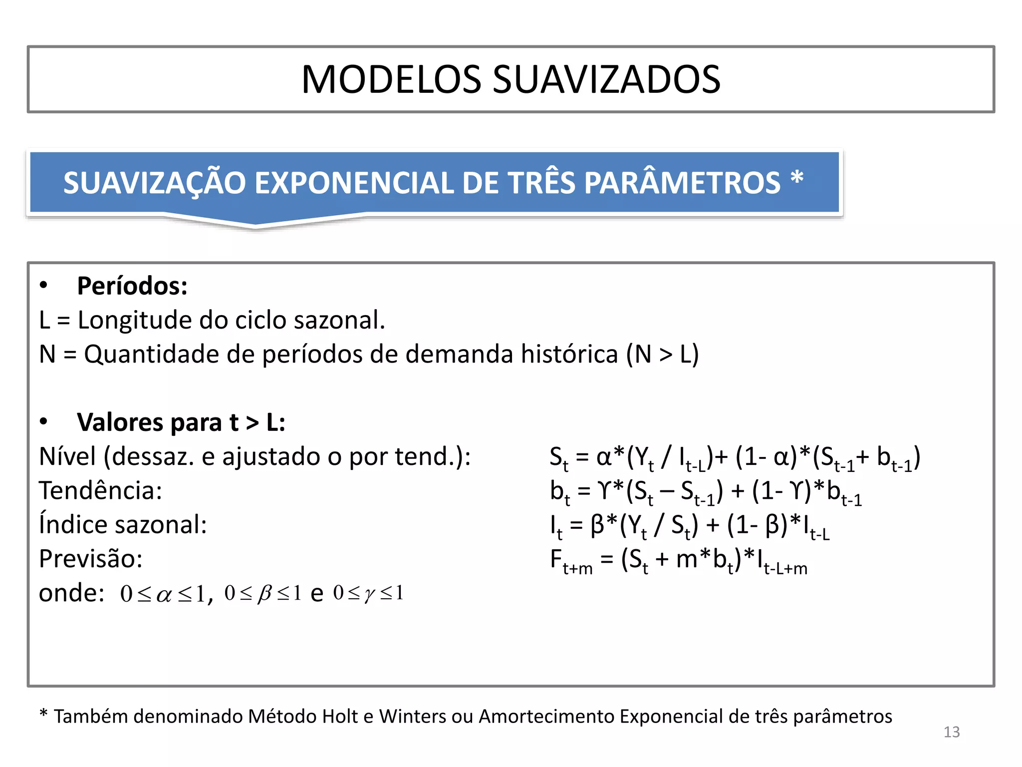 • Períodos:
L = Longitude do ciclo sazonal.
N = Quantidade de períodos de demanda histórica (N > L)
• Valores para t > L:
Nível (dessaz. e ajustado o por tend.): St = α*(Yt / It-L)+ (1- α)*(St-1+ bt-1)
Tendência: bt = ϒ*(St – St-1) + (1- ϒ)*bt-1
Índice sazonal: It = β*(Yt / St) + (1- β)*It-L
Previsão: Ft+m = (St + m*bt)*It-L+m
onde: , e
SUAVIZAÇÃO EXPONENCIAL DE TRÊS PARÂMETROS *
13
MODELOS SUAVIZADOS
10  10   10  
* Também denominado Método Holt e Winters ou Amortecimento Exponencial de três parâmetros
 