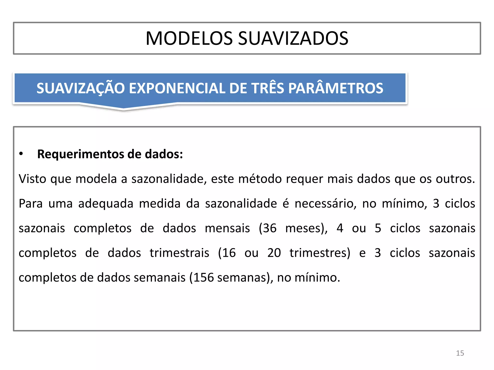 15
• Requerimentos de dados:
Visto que modela a sazonalidade, este método requer mais dados que os outros.
Para uma adequada medida da sazonalidade é necessário, no mínimo, 3 ciclos
sazonais completos de dados mensais (36 meses), 4 ou 5 ciclos sazonais
completos de dados trimestrais (16 ou 20 trimestres) e 3 ciclos sazonais
completos de dados semanais (156 semanas), no mínimo.
MODELOS SUAVIZADOS
SUAVIZAÇÃO EXPONENCIAL DE TRÊS PARÂMETROS
 