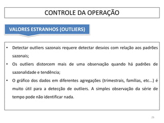 • Detectar outliers sazonais requere detectar desvios com relação aos padrões
sazonais;
• Os outliers distorcem mais de uma observação quando há padrões de
sazonalidade e tendência;
• O gráfico dos dados em diferentes agregações (trimestrais, famílias, etc...) é
muito útil para a detecção de outliers. A simples observação da série de
tempo pode não identificar nada.
29
CONTROLE DA OPERAÇÃO
VALORES ESTRANHOS (OUTLIERS)
 