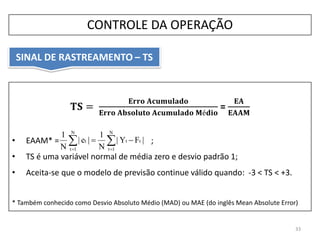 𝐓𝐒 =
𝐄𝐫𝐫𝐨 𝐀𝐜𝐮𝐦𝐮𝐥𝐚𝐝𝐨
𝐄𝐫𝐫𝐨 𝐀𝐛𝐬𝐨𝐥𝐮𝐭𝐨 𝐀𝐜𝐮𝐦𝐮𝐥𝐚𝐝𝐨 𝐌é𝐝𝐢𝐨
=
𝐄𝐀
𝐄𝐀𝐀𝐌
• EAAM* = ;
• TS é uma variável normal de média zero e desvio padrão 1;
• Aceita-se que o modelo de previsão continue válido quando: -3 < TS < +3.
* Também conhecido como Desvio Absoluto Médio (MAD) ou MAE (do inglês Mean Absolute Error)
SINAL DE RASTREAMENTO – TS
33
CONTROLE DA OPERAÇÃO
 

N
1t
tt
N
1t
t |FY|
N
1
|e|
N
1
 