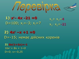 1)1) xx22
- 4x -21 =0- 4x -21 =0
D=100; xD=100; x11=-3; x=-3; x22=7=7
2)2) 4x4x22
–x +1 =0–x +1 =0
D=-15; немає дійсних коренівD=-15; немає дійсних коренів
3)3) 8x(1+2x)=-18x(1+2x)=-1
16x16x22
+ 8x + 1=0+ 8x + 1=0
D=0; x=-0,25D=0; x=-0,25
xx11+ x+ x22==44
xx11· x· x22==-21-21
 