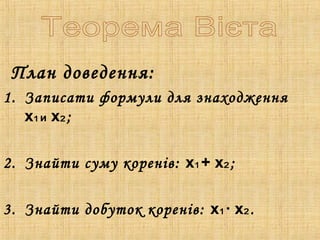 План доведення:
1. Записати формули для знаходження
x₁и x₂;
2. Знайти суму коренів: x + x₁ ₂;
3. Знайти добуток коренів: x₁· x₂.
 
