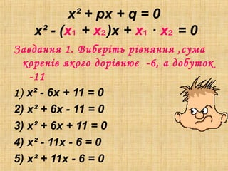 x² + px + q = 0
x² - (х₁ + х₂)х + х₁ ∙ х₂ = 0
Завдання 1. Виберіть рівняння ,сума
коренів якого дорівнює -6, а добуток
-11
1) х² - 6х + 11 = 0
2) х² + 6х - 11 = 0
3) х² + 6х + 11 = 0
4) х² - 11х - 6 = 0
5) х² + 11х - 6 = 0
 