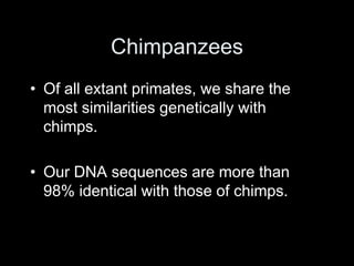 Chimpanzees
• Of all extant primates, we share the
most similarities genetically with
chimps.
• Our DNA sequences are more than
98% identical with those of chimps.
 