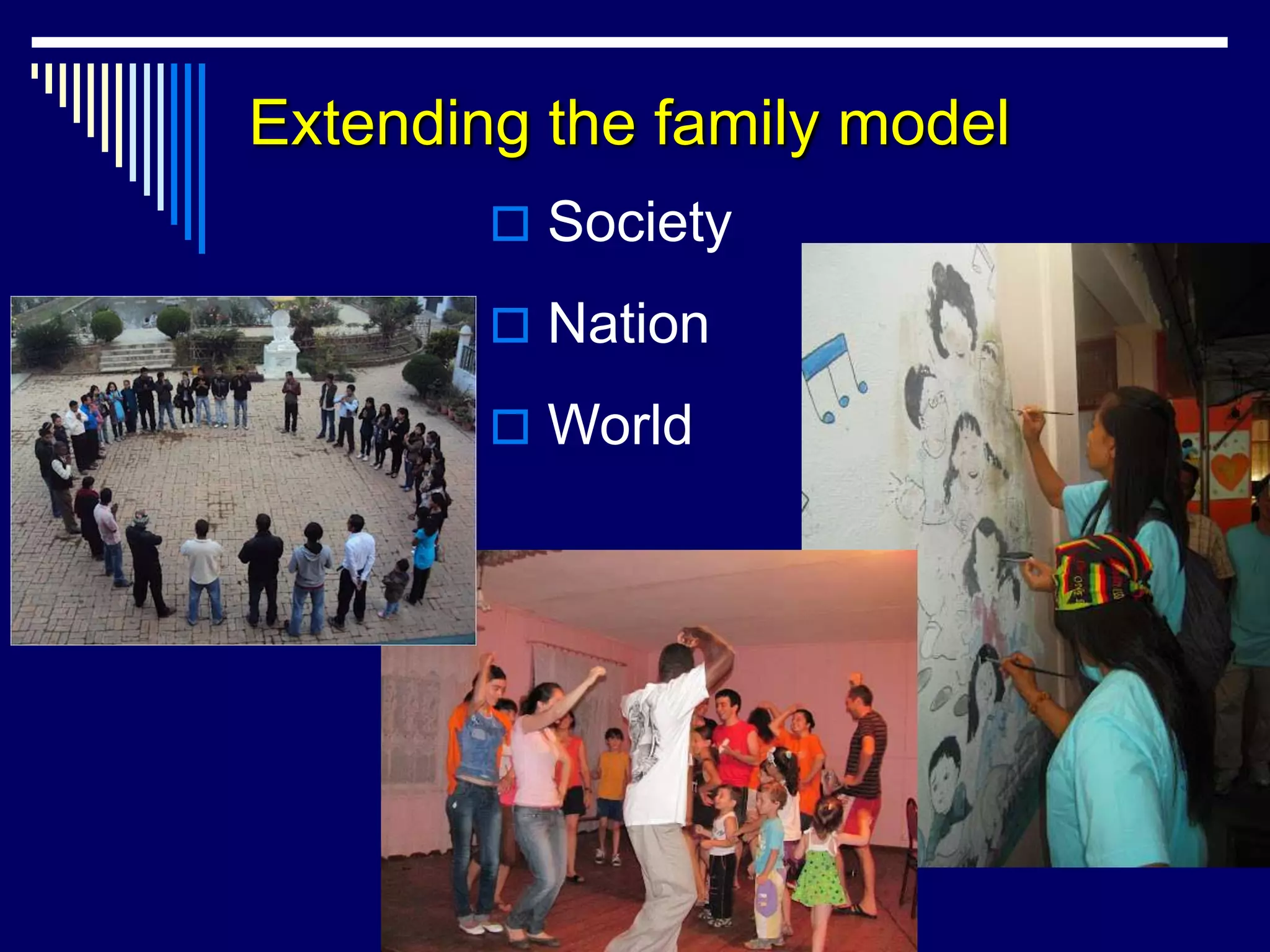 Extending the family model
         Society

         Nation

         World
 