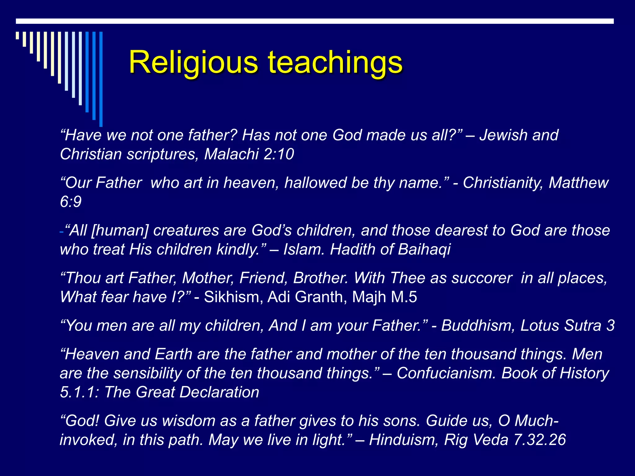Religious teachings

“Have we not one father? Has not one God made us all?” – Jewish and
Christian scriptures, Malachi 2:10
“Our Father who art in heaven, hallowed be thy name.” - Christianity, Matthew
6:9
-“All [human] creatures are God’s children, and those dearest to God are those
who treat His children kindly.” – Islam. Hadith of Baihaqi
“Thou art Father, Mother, Friend, Brother. With Thee as succorer in all places,
What fear have I?” - Sikhism, Adi Granth, Majh M.5
“You men are all my children, And I am your Father.” - Buddhism, Lotus Sutra 3
“Heaven and Earth are the father and mother of the ten thousand things. Men
are the sensibility of the ten thousand things.” – Confucianism. Book of History
5.1.1: The Great Declaration
“God! Give us wisdom as a father gives to his sons. Guide us, O Much-
invoked, in this path. May we live in light.” – Hinduism, Rig Veda 7.32.26
 