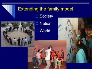 Extending the family model
         Society

         Nation

         World
 
