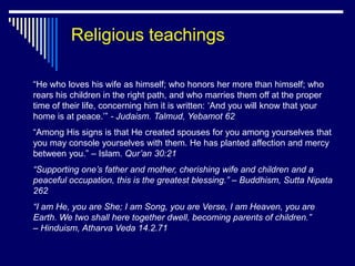 Religious teachings

“He who loves his wife as himself; who honors her more than himself; who
rears his children in the right path, and who marries them off at the proper
time of their life, concerning him it is written: „And you will know that your
home is at peace.‟” - Judaism. Talmud, Yebamot 62
“Among His signs is that He created spouses for you among yourselves that
you may console yourselves with them. He has planted affection and mercy
between you.” – Islam. Qur’an 30:21
“Supporting one’s father and mother, cherishing wife and children and a
peaceful occupation, this is the greatest blessing.” – Buddhism, Sutta Nipata
262
“I am He, you are She; I am Song, you are Verse, I am Heaven, you are
Earth. We two shall here together dwell, becoming parents of children.”
– Hinduism, Atharva Veda 14.2.71
 