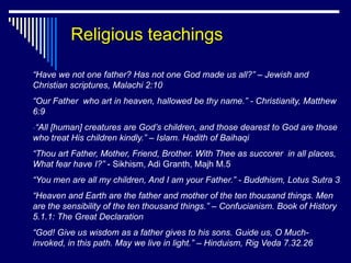 Religious teachings

“Have we not one father? Has not one God made us all?” – Jewish and
Christian scriptures, Malachi 2:10
“Our Father who art in heaven, hallowed be thy name.” - Christianity, Matthew
6:9
-“All [human] creatures are God’s children, and those dearest to God are those
who treat His children kindly.” – Islam. Hadith of Baihaqi
“Thou art Father, Mother, Friend, Brother. With Thee as succorer in all places,
What fear have I?” - Sikhism, Adi Granth, Majh M.5
“You men are all my children, And I am your Father.” - Buddhism, Lotus Sutra 3
“Heaven and Earth are the father and mother of the ten thousand things. Men
are the sensibility of the ten thousand things.” – Confucianism. Book of History
5.1.1: The Great Declaration
“God! Give us wisdom as a father gives to his sons. Guide us, O Much-
invoked, in this path. May we live in light.” – Hinduism, Rig Veda 7.32.26
 