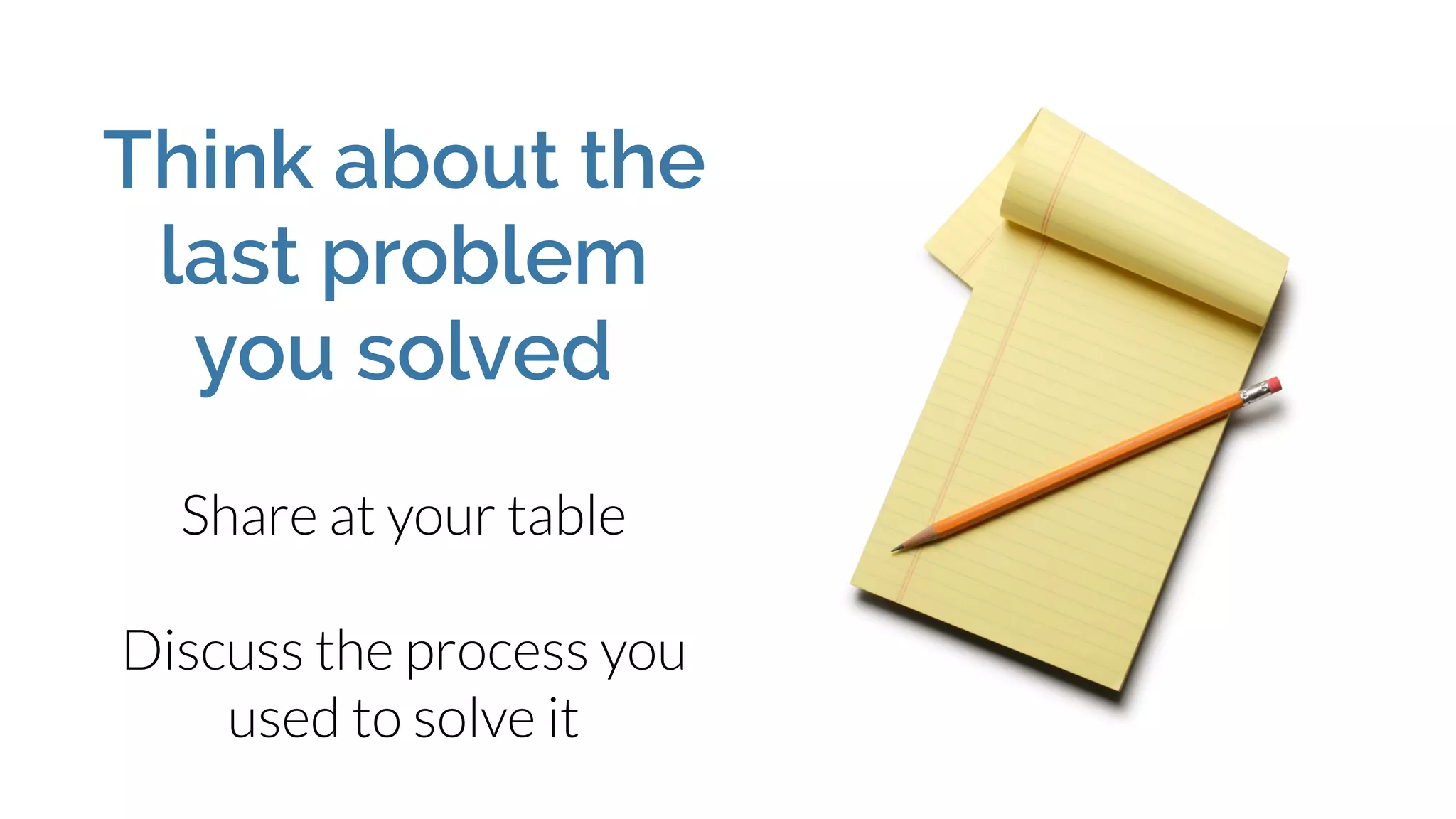 Think about the
last problem
you solved
Share at your table
Discuss the process you
used to solve it
 