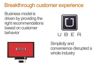 Business model is
driven by providing the
right recommendations
based on customer
behavior
Simplicity and
convenience disrupted a
whole industry
Breakthrough customer experience
 
