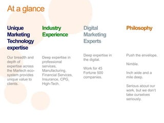 Unique
Marketing
Technology
expertise
Our breadth and
depth of
expertise across
the Martech eco-
system provides
unique value to
clients.
Industry
Experience
Deep expertise in
professional
services,
Manufacturing,
Financial Services,
Insurance, CPG,
High-Tech.
Digital
Marketing
Experts
Deep expertise in
the digital.
Work for 45
Fortune 500
companies.
Philosophy
Push the envelope.
Nimble.
Inch wide and a
mile deep.
Serious about our
work, but we don’t
take ourselves
seriously.
At a glance
 