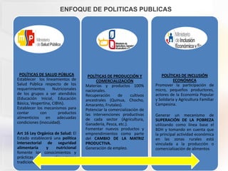 POLÍTICAS DE PRODUCCIÓN Y
COMERCIALIZACIÓN
Materias y productos 100%
nacionales.
Recuperación de cultivos
ancestrales (Quinua, Chocho,
Amaranto, Frutales).
Potenciar la comercialización de
las intervenciones productivas
de cada sector (Agricultura,
Ganadería, Pesca, etc.).
Fomentar nuevos productos y
emprendimientos como parte
del CAMBIO DE LA MATRIZ
PRODUCTIVA.
Generación de empleo.
POLÍTICAS DE INCLUSIÓN
ECONÓMICA
Promover la participación de
micro, pequeños productores,
actores de la Economía Popular
y Solidaria y Agricultura Familiar
Campesina.
Generar un mecanismo de
SUPERACIÓN DE LA POBREZA
utilizando como línea base el
BDH y tomando en cuenta que
la principal actividad económica
en las zonas rurales está
vinculada a la producción o
comercialización de alimentos
POLÍTICAS DE SALUD PÚBLICA
Establecer los lineamientos de
Salud Pública respecto de los
requerimientos Nutricionales
de los grupos a ser atendidos
(Educación Inicial, Educación
Básica, Vespertina, CIBVs).
Establecer los mecanismos para
contar con productos
alimenticios en adecuadas
condiciones (inocuidad).
Art 16 Ley Orgánica de Salud: El
Estado establecerá una política
intersectorial de seguridad
alimentaria y nutricional
fomente los conocimientos y
prácticas alimentarias
tradicionales.
ENFOQUE DE POLITICAS PUBLICAS
 