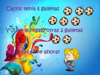 Carlos tenia 6 galletas
Y Juan le regalo otras 2 galletas
¿Cuántas tiene ahora?