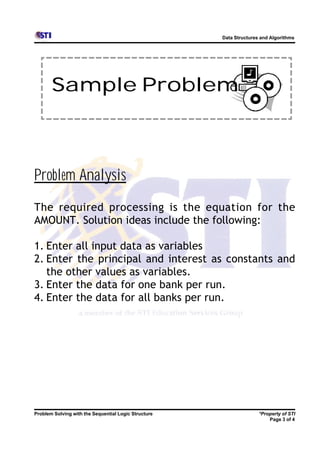 Data Structures and Algorithms




       Sample Problem



Problem Analysis
The required processing is the equation for the
AMOUNT. Solution ideas include the following:

1. Enter all input data as variables
2. Enter the principal and interest as constants and
   the other values as variables.
3. Enter the data for one bank per run.
4. Enter the data for all banks per run.




Problem Solving with the Sequential Logic Structure                  *Property of STI
                                                                         Page 3 of 4
 