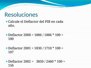 Resoluciones
⚫Calcule el Deflactor del PIB en cada
año.
⚫Deflactor 2000 = 1886 / 1886 * 100 =
100
⚫Deflactor 2001 = 1830 / 1710 * 100 =
107
⚫Deflactor 2002 = 3850 / 2460 * 100 =
156
 