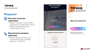 Результат
Высокое качество
аудитории
• Процент отказов от 47% до 58% в
зависимости от аудиторной группы
• Среднее время посещение
лэндинга до 1,5 минут
Выполнение целевых
действий
• Общий процент конверсии из
посетителей сайта в целевые
действия – CR 11,36 %
 