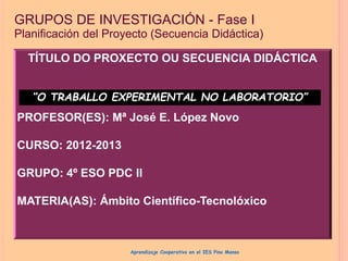 GRUPOS DE INVESTIGACIÓN - Fase I
Planificación del Proyecto (Secuencia Didáctica)
TÍTULO DO PROXECTO OU SECUENCIA DIDÁCTICA
PROFESOR(ES): Mª José E. López Novo
CURSO: 2012-2013
GRUPO: 4º ESO PDC II
MATERIA(AS): Ámbito Científico-Tecnolóxico
“O TRABALLO EXPERIMENTAL NO LABORATORIO”
Aprendizaje Cooperativo en el IES Pino Manso
 