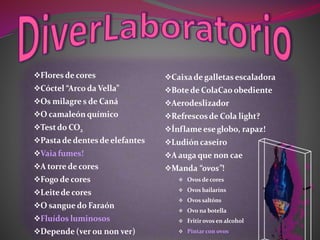 Flores de cores
Cóctel “Arco da Vella”
Os milagre s de Caná
O camaleón químico
Testdo CO2
Pastade dentes de elefantes
Vaia fumes!
A torre de cores
Fogo de cores
Leitede cores
O sangue do Faraón
Fluídos luminosos
Depende (ver ou non ver)
Caixade galletas escaladora
Bote de ColaCao obediente
Aerodeslizador
Refrescosde Cola light?
Ínflame ese globo, rapaz!
Ludión caseiro
A auga que non cae
Manda “ovos”!
 Ovos de cores
 Ovos bailaríns
 Ovos saltóns
 Ovo na botella
 Fritirovos en alcohol
 Pintar con ovos
 