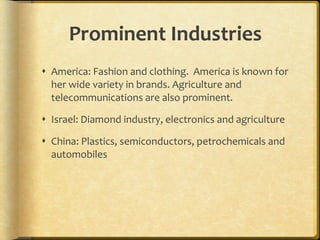 Prominent Industries America: Fashion and clothing.  America is known for her wide variety in brands. Agriculture and telecommunications are also prominent.  Israel: Diamond industry, electronics and agriculture China: Plastics, semiconductors, petrochemicals and automobiles 