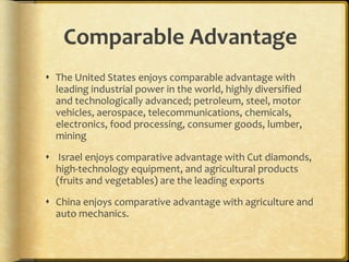 Comparable Advantage The United States enjoys comparable advantage with leading industrial power in the world, highly diversified and technologically advanced; petroleum, steel, motor vehicles, aerospace, telecommunications, chemicals, electronics, food processing, consumer goods, lumber, mining   Israel enjoys comparative advantage with Cut diamonds, high-technology equipment, and agricultural products (fruits and vegetables) are the leading exports China enjoys comparative advantage with agriculture and auto mechanics. 