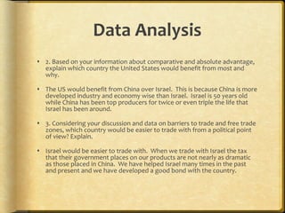 Data Analysis 2. Based on your information about comparative and absolute advantage, explain which country the United States would benefit from most and why.  The US would benefit from China over Israel.  This is because China is more developed industry and economy wise than Israel.  Israel is 50 years old while China has been top producers for twice or even triple the life that Israel has been around. 3. Considering your discussion and data on barriers to trade and free trade zones, which country would be easier to trade with from a political point of view? Explain.  Israel would be easier to trade with.  When we trade with Israel the tax that their government places on our products are not nearly as dramatic as those placed in China.  We have helped Israel many times in the past and present and we have developed a good bond with the country. 
