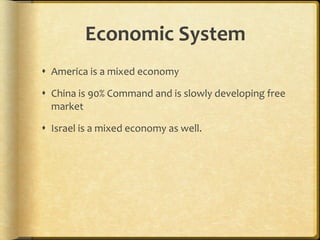 Economic System America is a mixed economy  China is 90% Command and is slowly developing free market  Israel is a mixed economy as well. 