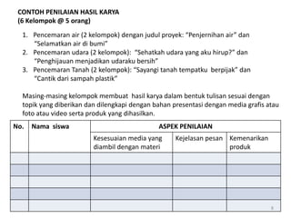 CONTOH PENILAIAN HASIL KARYA
(6 Kelompok @ 5 orang)
1. Pencemaran air (2 kelompok) dengan judul proyek: “Penjernihan air” dan
“Selamatkan air di bumi”
2. Pencemaran udara (2 kelompok): “Sehatkah udara yang aku hirup?” dan
“Penghijauan menjadikan udaraku bersih”
3. Pencemaran Tanah (2 kelompok): “Sayangi tanah tempatku berpijak” dan
“Cantik dari sampah plastik”
Masing-masing kelompok membuat hasil karya dalam bentuk tulisan sesuai dengan
topik yang diberikan dan dilengkapi dengan bahan presentasi dengan media grafis atau
foto atau video serta produk yang dihasilkan.
No. Nama siswa ASPEK PENILAIAN
Kesesuaian media yang
diambil dengan materi
Kejelasan pesan Kemenarikan
produk
8
 