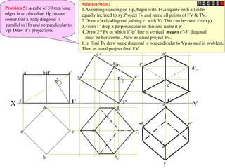 Problem 5: A cube of 50 mm long
edges is so placed on Hp on one
corner that a body diagonal is
parallel to Hp and perpendicular to
Vp Draw it’s projections.
X Y
b
c
d
a
a’ d’ c’b’
a’
d’
c’
b’
a1
b1
d1
c1
a1
b1
d1
c1
1’
p’
p’
a’1
d’1
c’1
d’1
Solution Steps:
1.Assuming standing on Hp, begin with Tv,a square with all sides
equally inclined to xy.Project Fv and name all points of FV & TV.
2.Draw a body-diagonal joining c’ with 3’( This can become // to xy)
3.From 1’ drop a perpendicular on this and name it p’
4.Draw 2nd
Fv in which 1’-p’ line is vertical means c’-3’ diagonal
must be horizontal. .Now as usual project Tv..
6.In final Tv draw same diagonal is perpendicular to Vp as said in problem.
Then as usual project final FV.
1’3’ 1’
3’
 