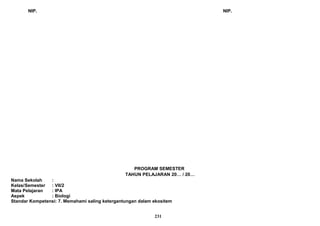 NIP. NIP.
PROGRAM SEMESTER
TAHUN PELAJARAN 20… / 20…
Nama Sekolah :
Kelas/Semester : VII/2
Mata Pelajaran : IPA
Aspek : Biologi
Standar Kompetensi: 7. Memahami saling ketergantungan dalam ekositem
231
 