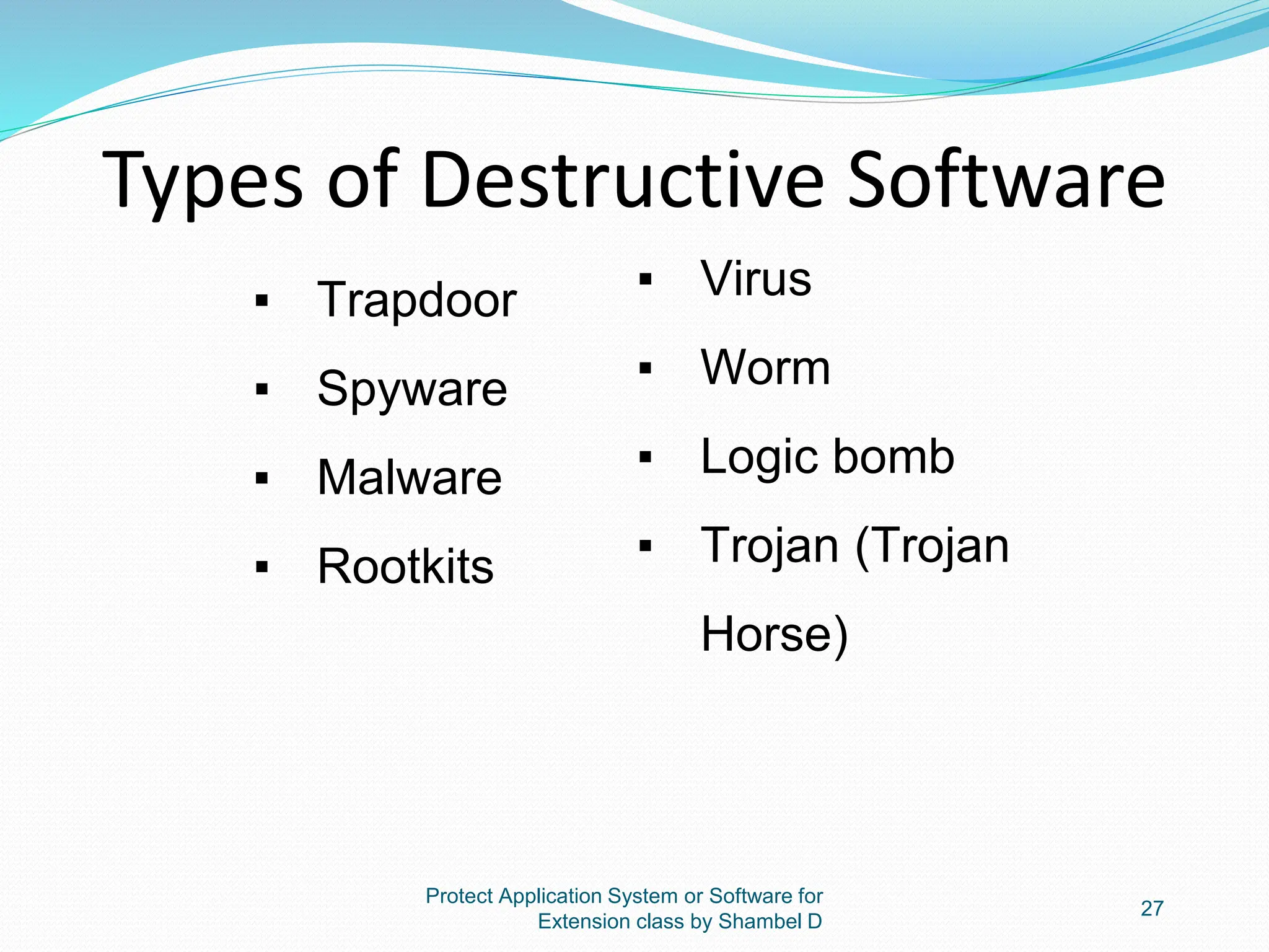 Types of Destructive Software
Protect Application System or Software for
Extension class by Shambel D
27
▪ Virus
▪ Worm
▪ Logic bomb
▪ Trojan (Trojan
Horse)
▪ Trapdoor
▪ Spyware
▪ Malware
▪ Rootkits
 