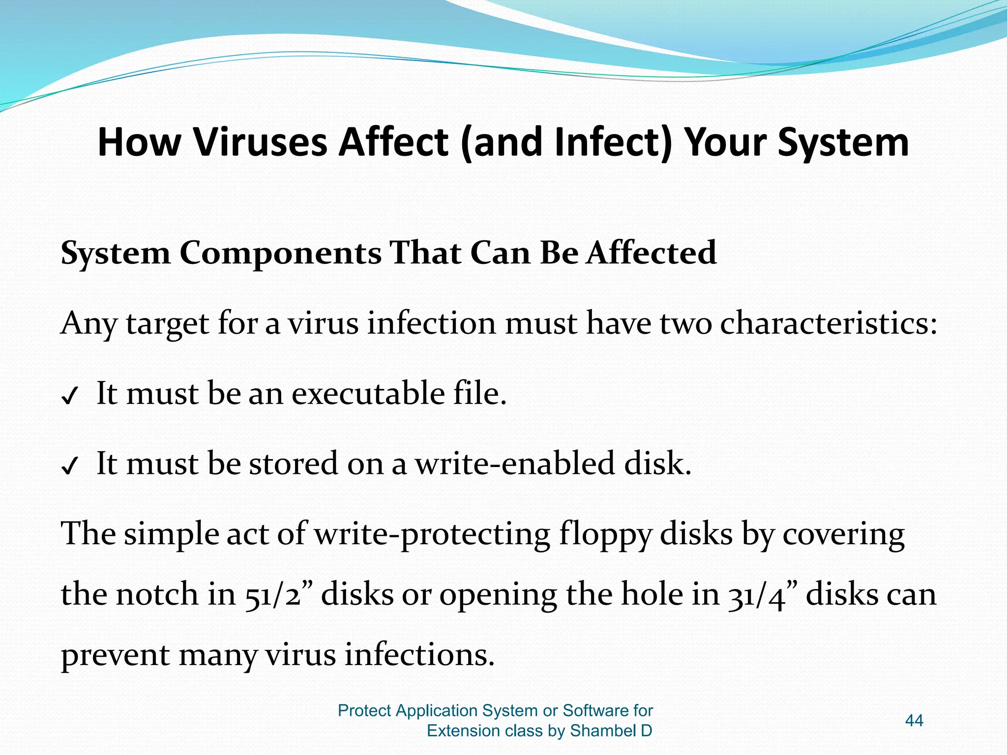 How Viruses Affect (and Infect) Your System
System Components That Can Be Affected
Any target for a virus infection must have two characteristics:
✔ It must be an executable file.
✔ It must be stored on a write-enabled disk.
The simple act of write-protecting floppy disks by covering
the notch in 51/2” disks or opening the hole in 31/4” disks can
prevent many virus infections.
Protect Application System or Software for
Extension class by Shambel D
44
 